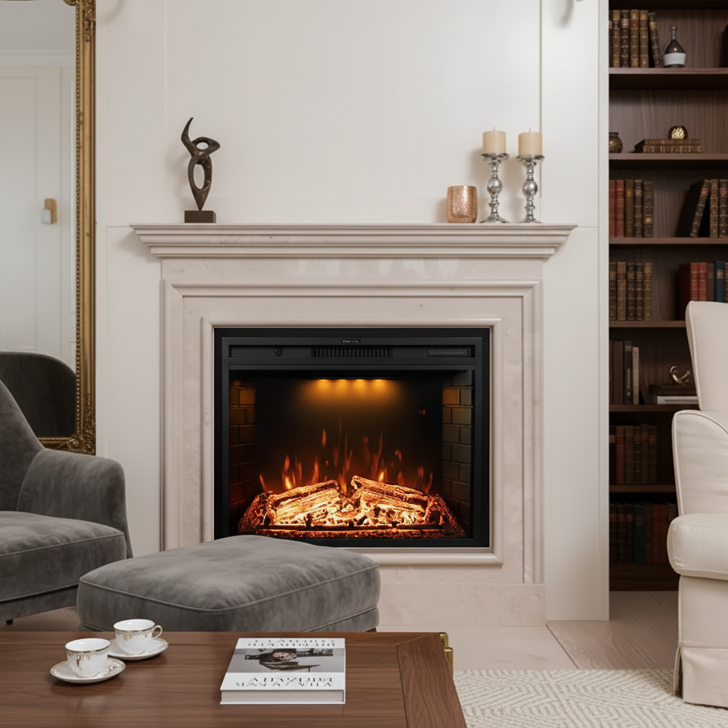 Concrete Electric Fireplace: Built-In Sound & Remote